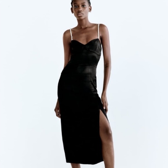 Zara satin midi dress with faux pearl straps - Picture 3 of 9